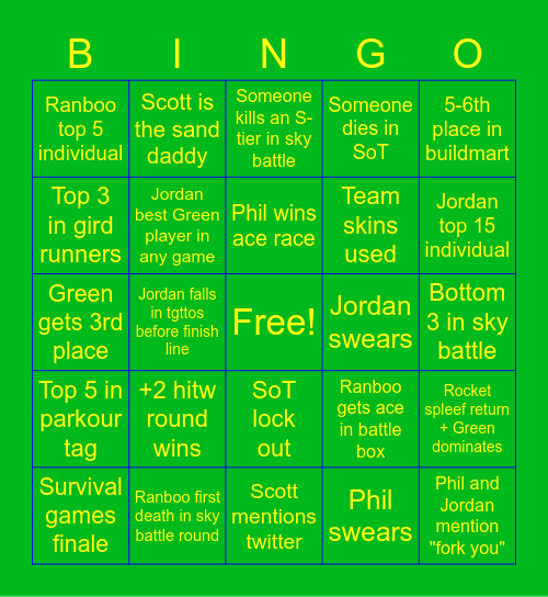MCC 20 GREEN GECKOS Bingo Card