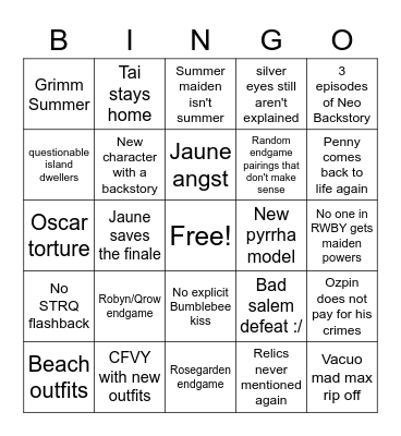 RWBY Volume 9 Bingo Card