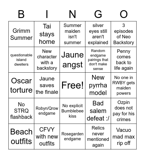 RWBY Volume 9 Bingo Card