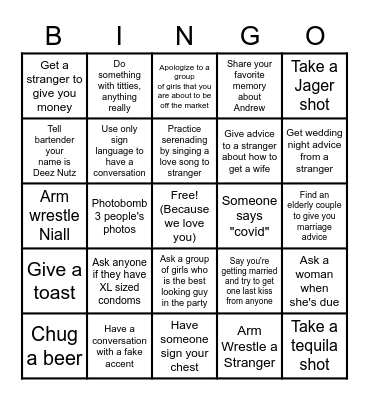 Andrew Bachelor Party Bingo Card