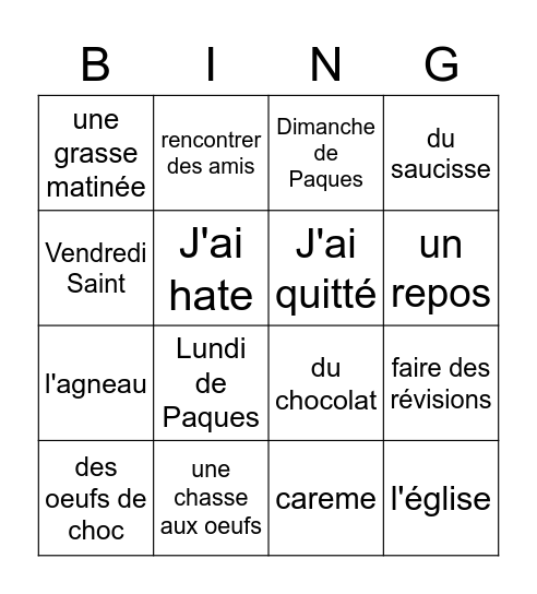 Les Vacances de Paques Bingo Card