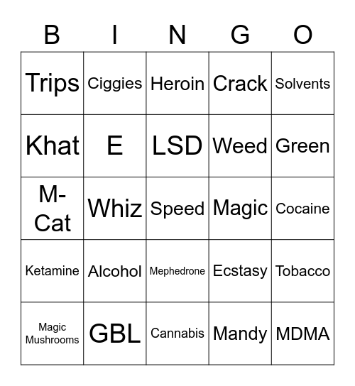 Substance Abuse Bingo Card