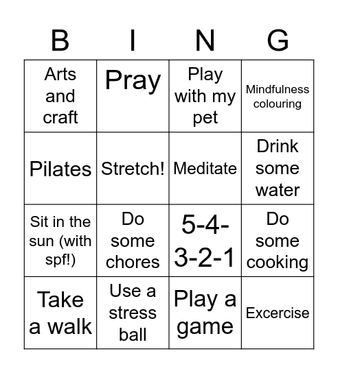 Coping Skills Bingo Card