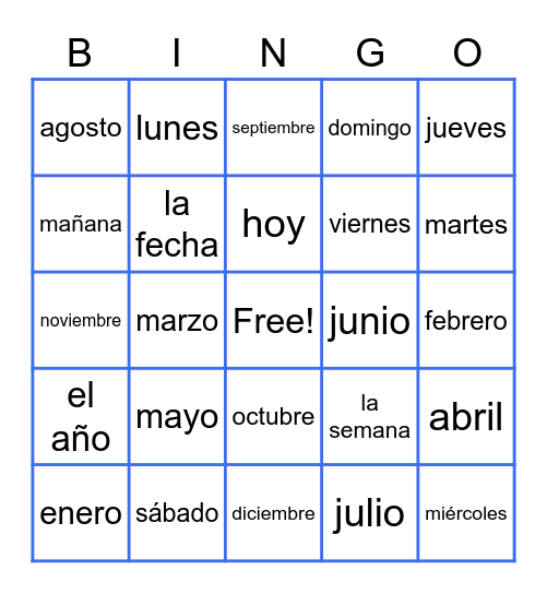 Days and Months Bingo Card