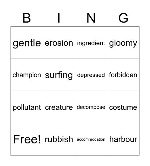 PET B1 Bingo Card