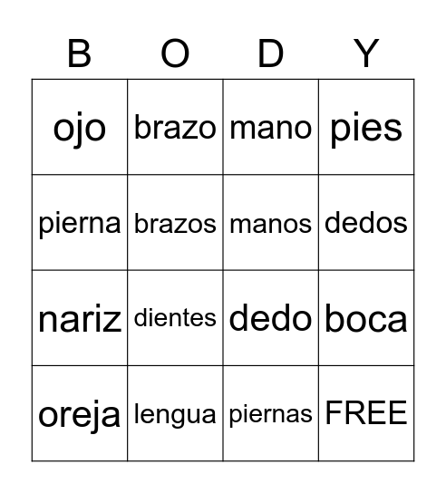 El Cuerpo Bingo Card