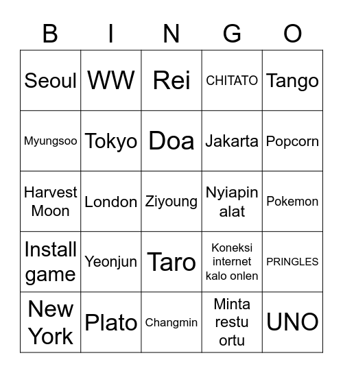 Avery's Bingo Card
