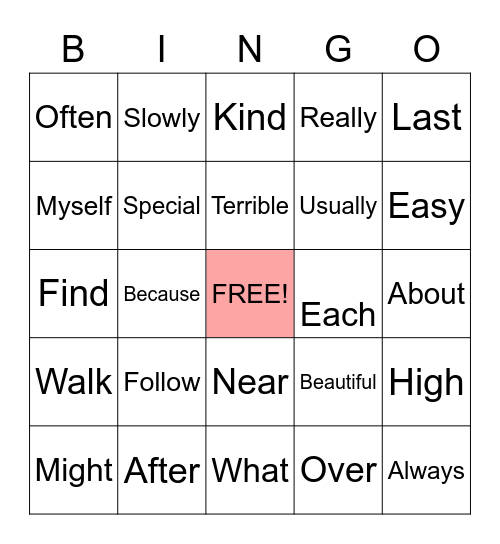 Snap Words Bingo Card