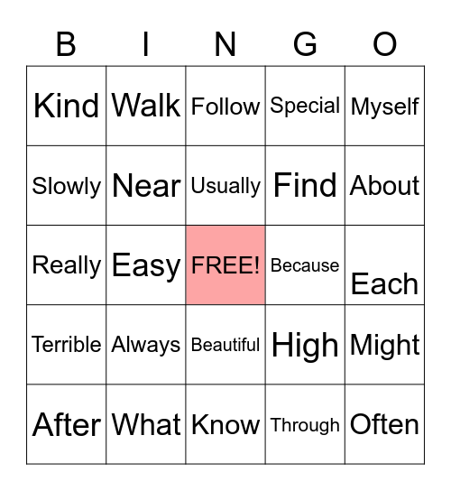 Snap Words Bingo Card