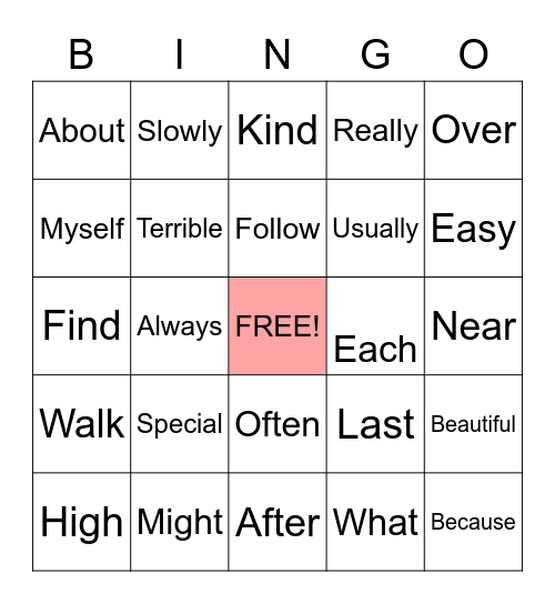 Snap Words Bingo Card
