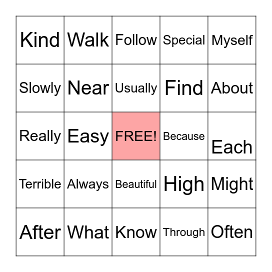 Snap Words Bingo Card