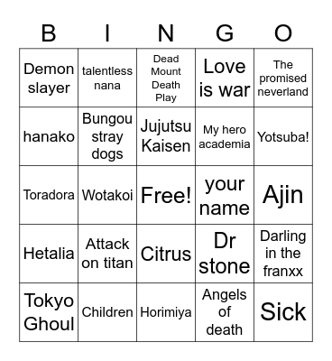 Manga Bingo Card