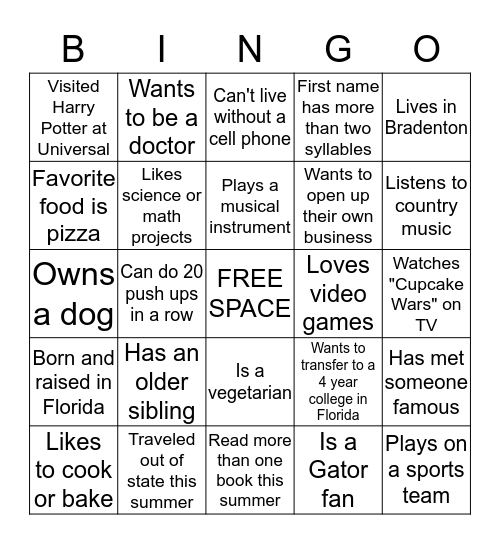 GETTING TO KNOW YOU  Bingo Card