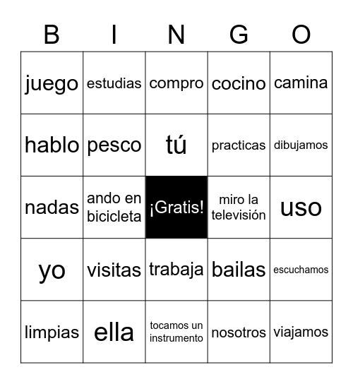 AR Verbs Bingo Card