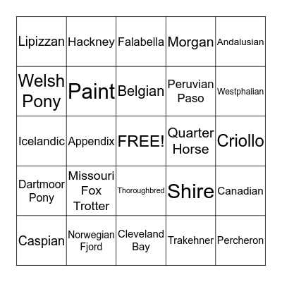 HORSE BREED BINGO Card