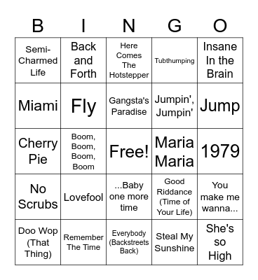 90s Hits #1 Bingo Card