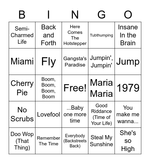 90s Hits #1 Bingo Card