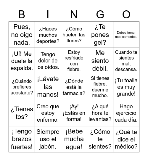 Español 1 - Unidad 5 - Vocabulario y frases Bingo Card