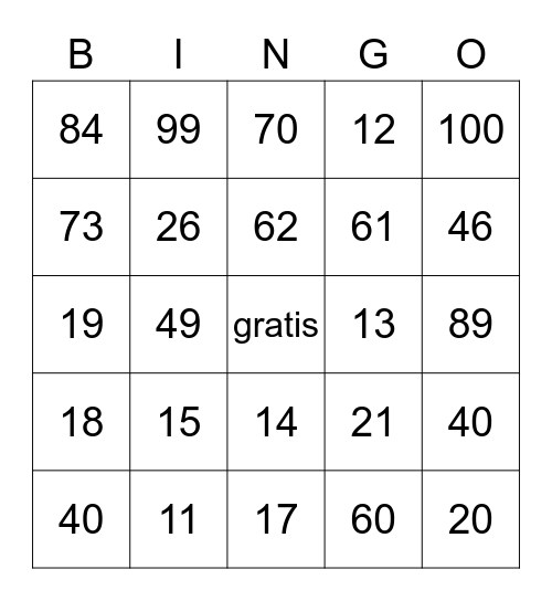 Numbers 10-100 Bingo Card