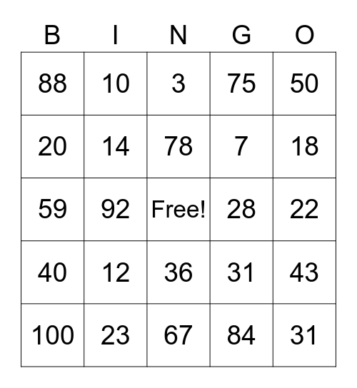 Place Value Bingo Card