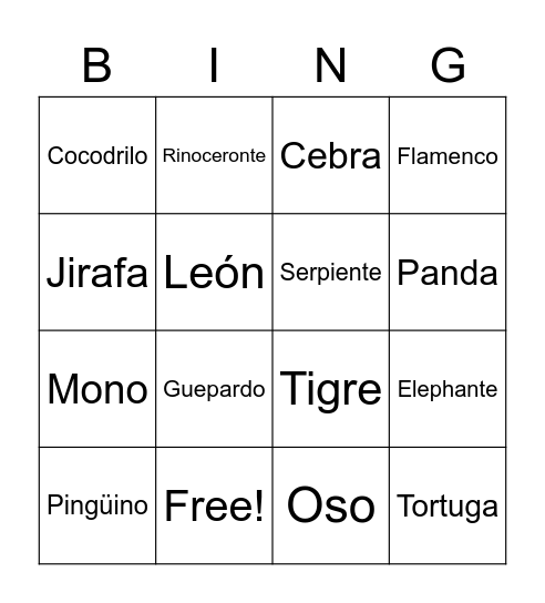 Animales Zoológico Bingo Card