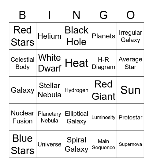 Galaxies and Stars Bingo Card