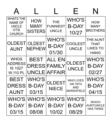 ALL EN FAMILY BINGO Card