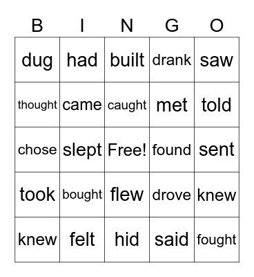 Irregular Past Tense Verbs Bingo Card