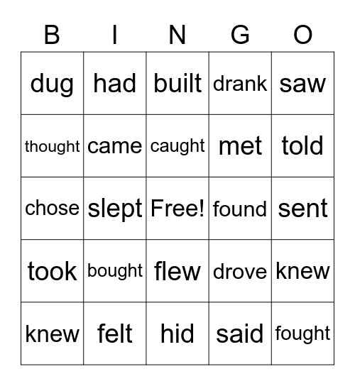 Irregular Past Tense Verbs Bingo Card