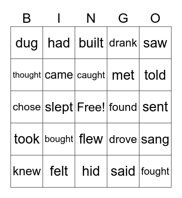 Irregular Past Tense Verbs Bingo Card