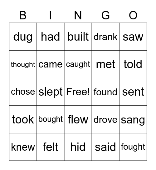 Irregular Past Tense Verbs Bingo Card