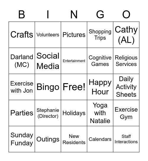 ACTIVITIES BINGO! Bingo Card