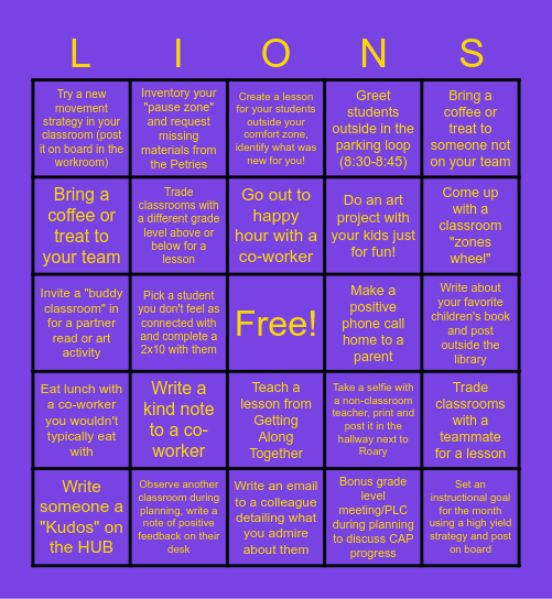 April LIONS Challenge Bingo Card