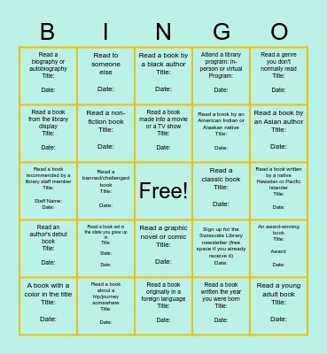 Summer Reading Bingo Card