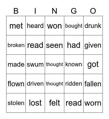 Irregular verbs Bingo Card