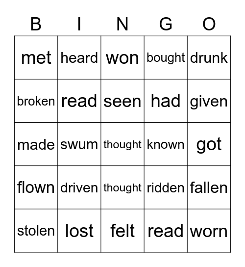 Irregular verbs Bingo Card