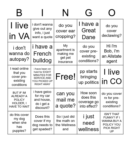 Things PIA's Hate to Hear Bingo Card
