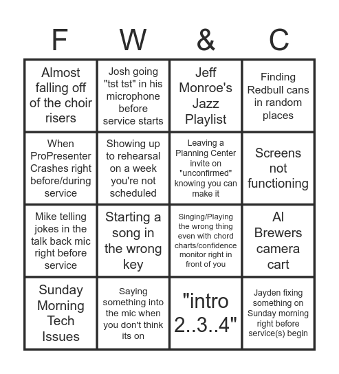 FLORENCE WORSHIP & CREATIVE BINGO Card