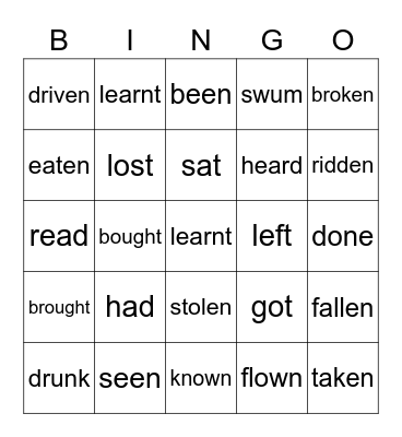 Irregular verbs Bingo Card