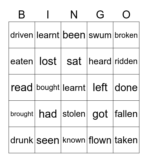 Irregular verbs Bingo Card