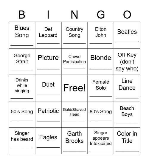 Karaoke Bingo Card