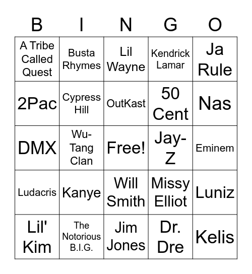 Hip Hop Bingo Card
