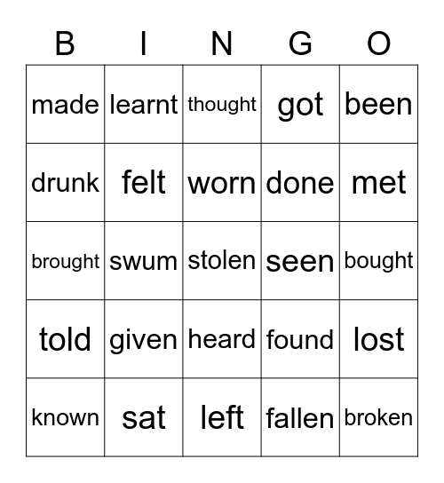 Irregular verbs Bingo Card