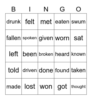 Irregular verbs Bingo Card