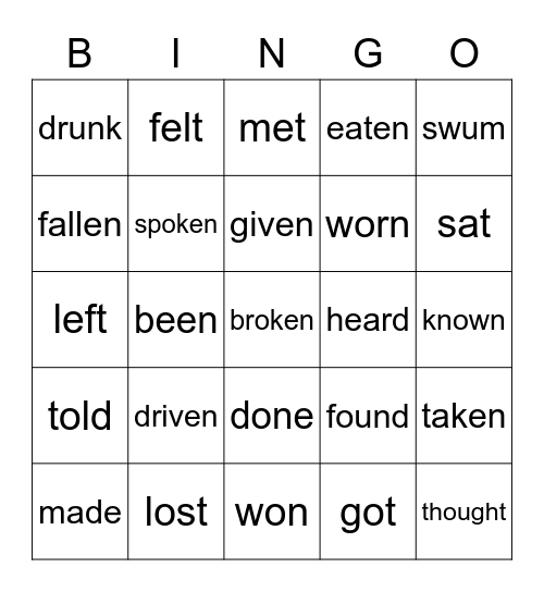 Irregular verbs Bingo Card