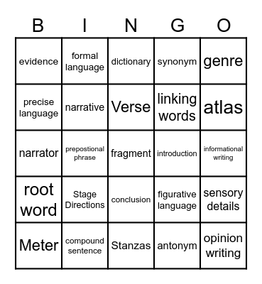 GAM ELA Vocabulary Practice Bingo Card