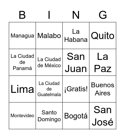 Los Capitales de Los Países Hispanohablantes Bingo Card
