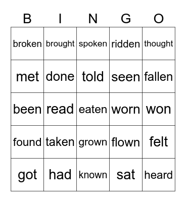 Irregular verbs Bingo Card