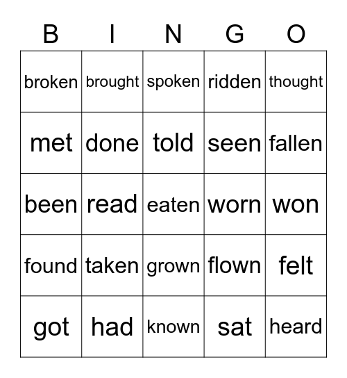 Irregular verbs Bingo Card