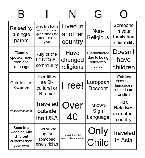 Celebrate Diversity Month Bingo Card